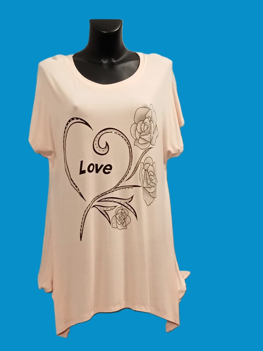 T-shirt femme, grande taille, manches courtes, logo love, strass