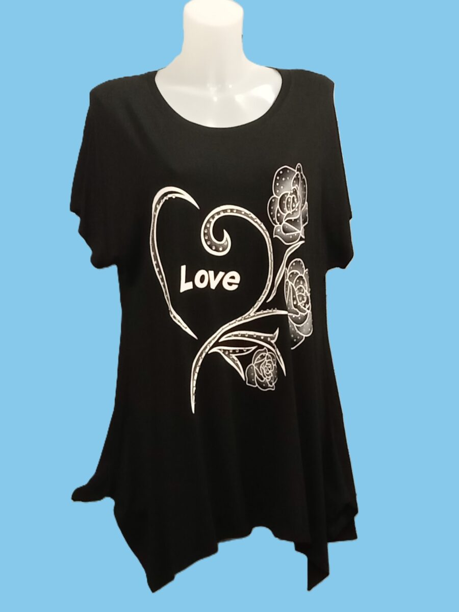 T-shirt femme, grande taille, manches courtes, logo love, strass