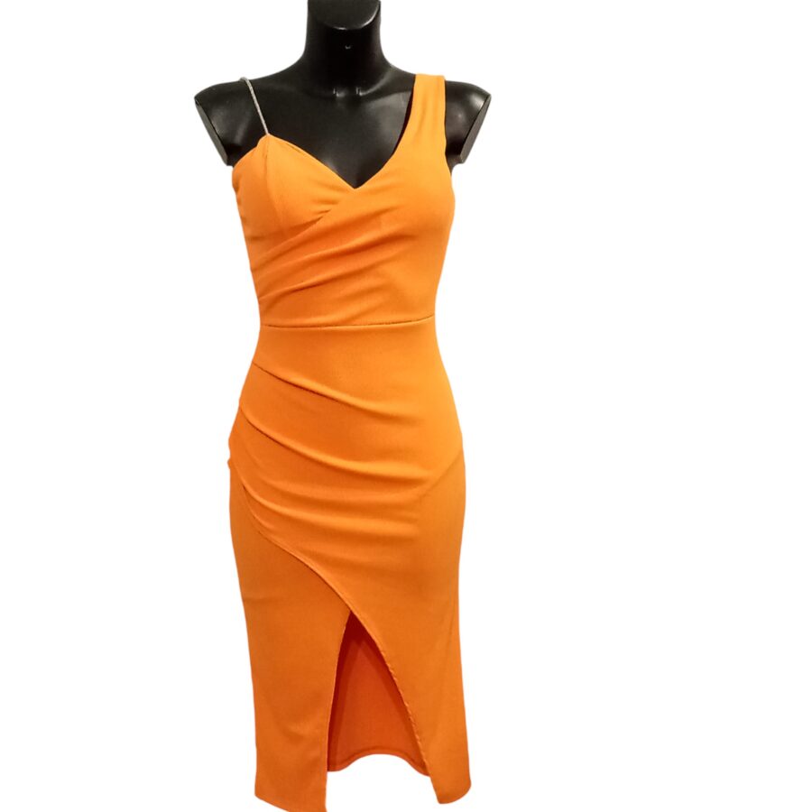 Robe de soirée, asymétrique, bretelle en strass, poitrine rembourrée
