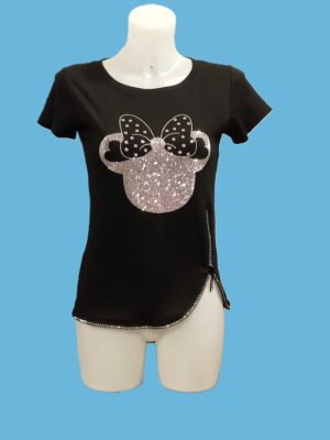 T-shirt femme, top femme, manches courtes, logo strass et paillettes