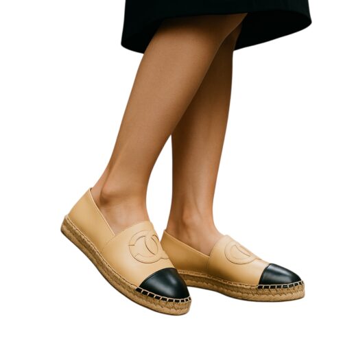 Chaussures Femme, espadrilles simili cuir, logo anneaux, beige