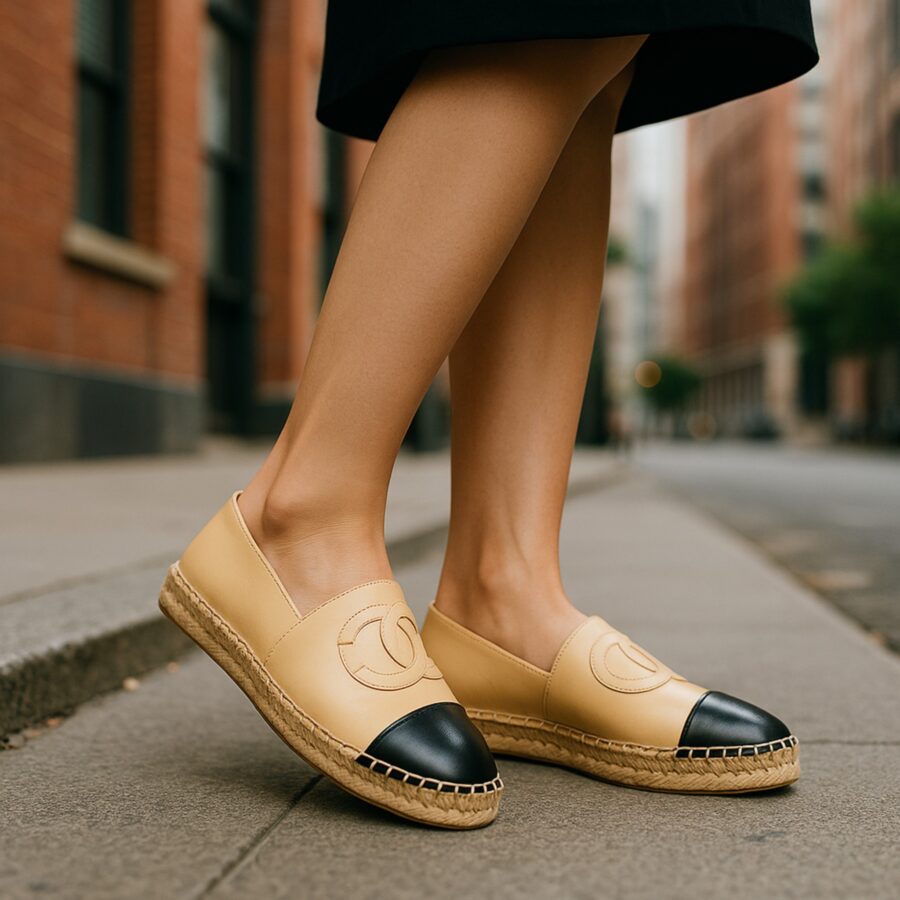 Chaussures Femme, espadrilles simili cuir, logo anneaux, beige