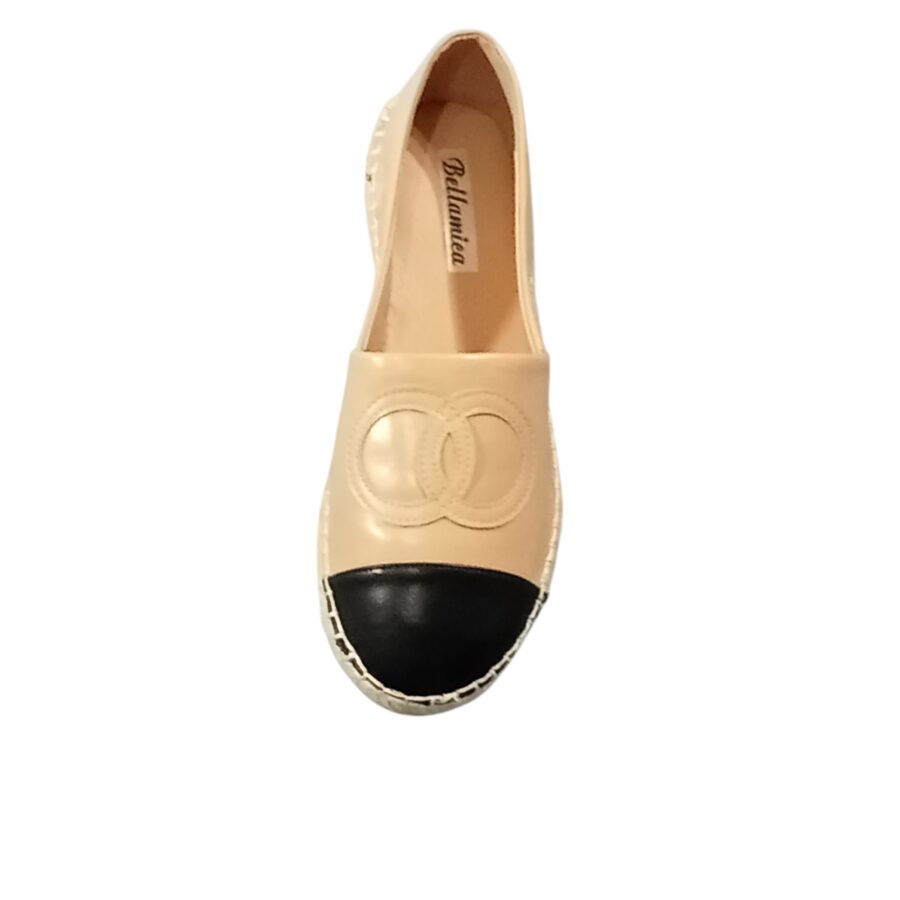Chaussures Femme, espadrilles simili cuir, logo anneaux, beige