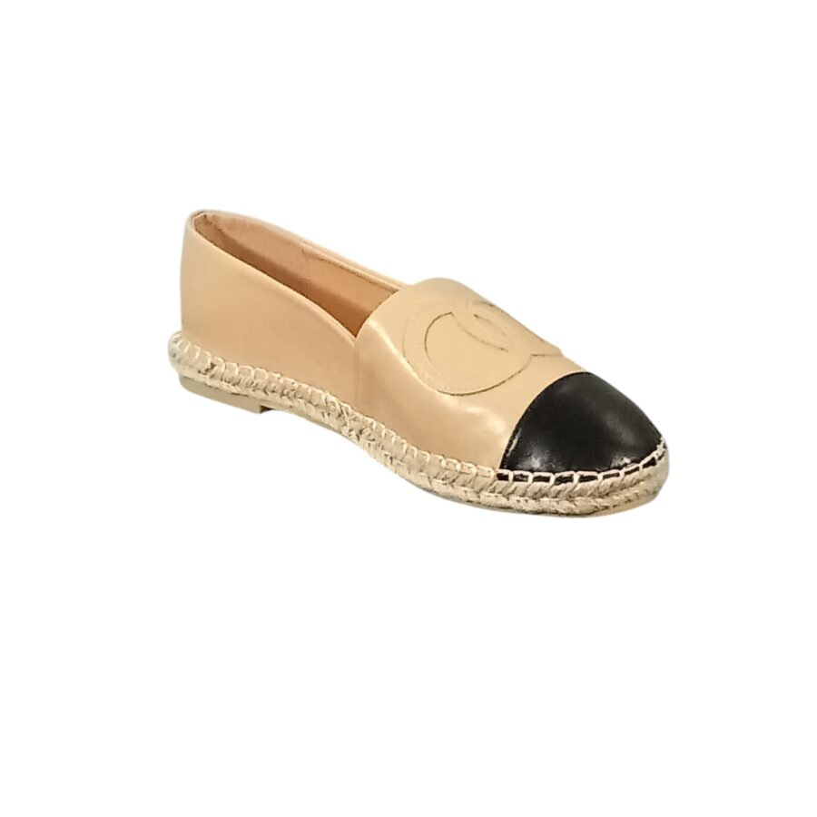 Chaussures Femme, espadrilles simili cuir, logo anneaux, beige