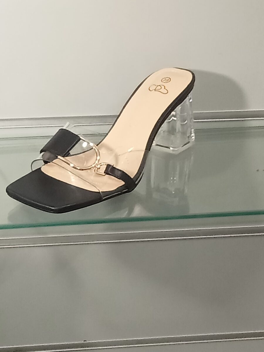 Chaussures Femme, mules Femme, lanière plexi, talon transparent