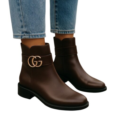 Chaussures Femme, bottines boots, fermeture zippé, marron, logo dorée