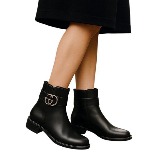 Chaussures Femme, bottines boots, fermeture zippé, noir, logo dorée