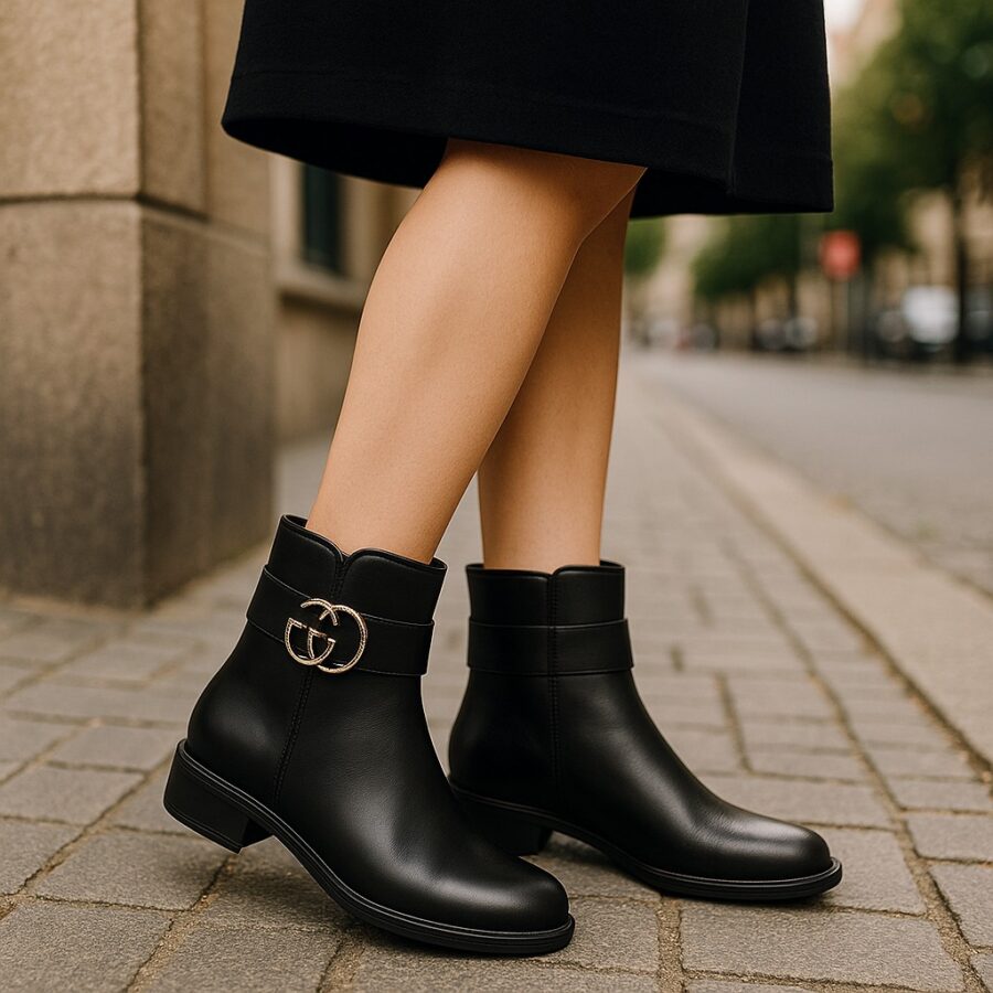 Chaussures Femme, bottines boots, fermeture zippé, noir, logo dorée