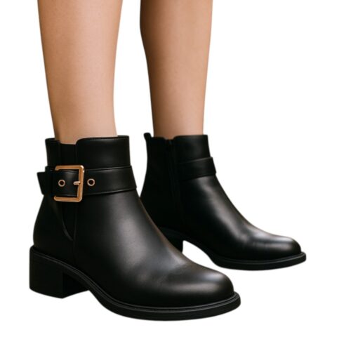 Chaussures Femme, boots bottines simili cuir, noir, fermeture zippée, boucle ceinture