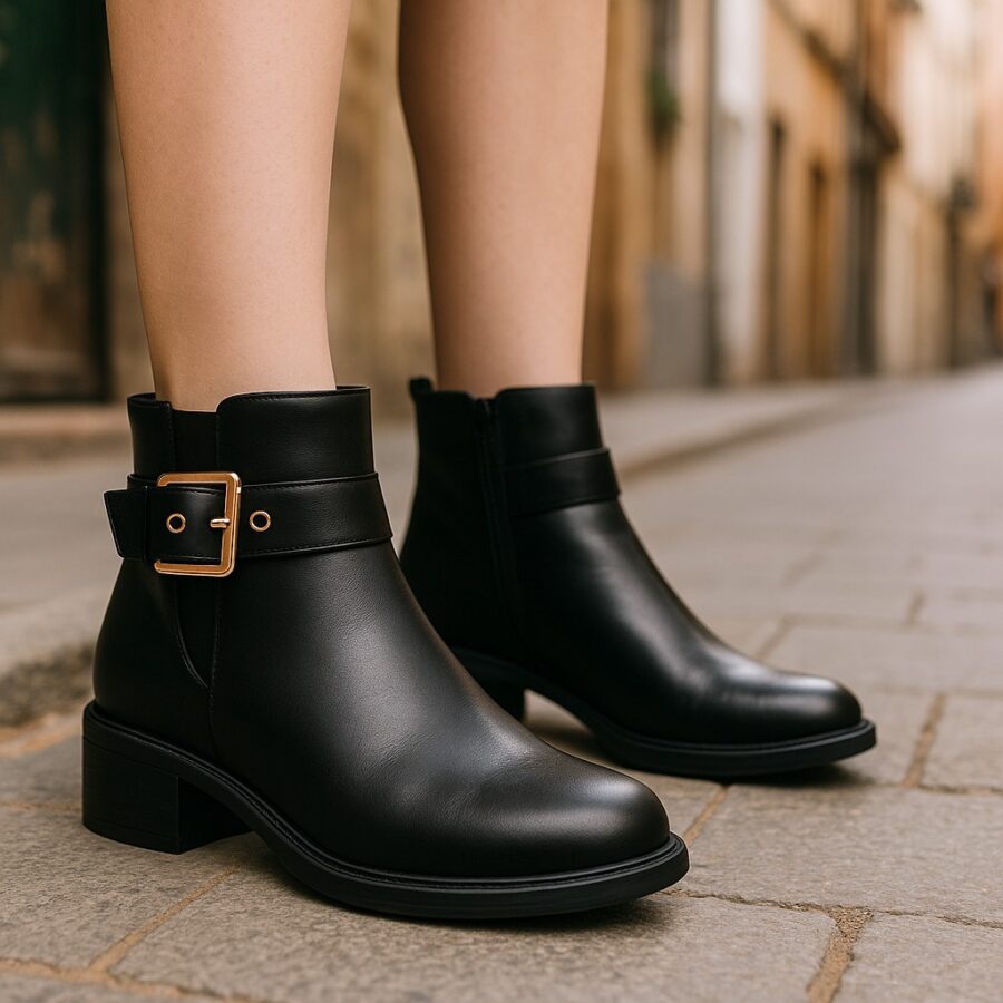 Chaussures Femme, boots bottines simili cuir, noir, fermeture zippée, boucle ceinture
