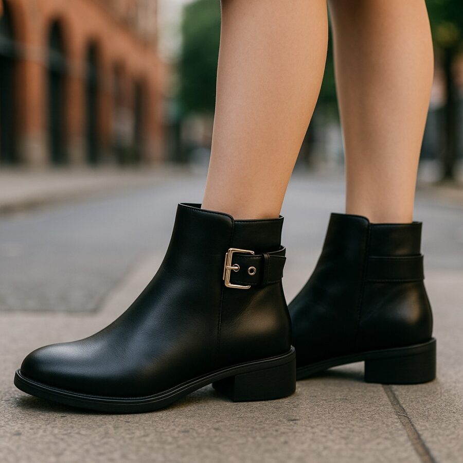Chaussures Femme, boots bottines simili cuir, noir, fermeture zippée, boucle ceinture