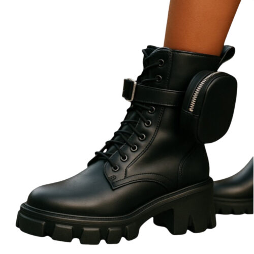 Chaussures Femme, bottines militaires, boots avec porte-monnaie latéral