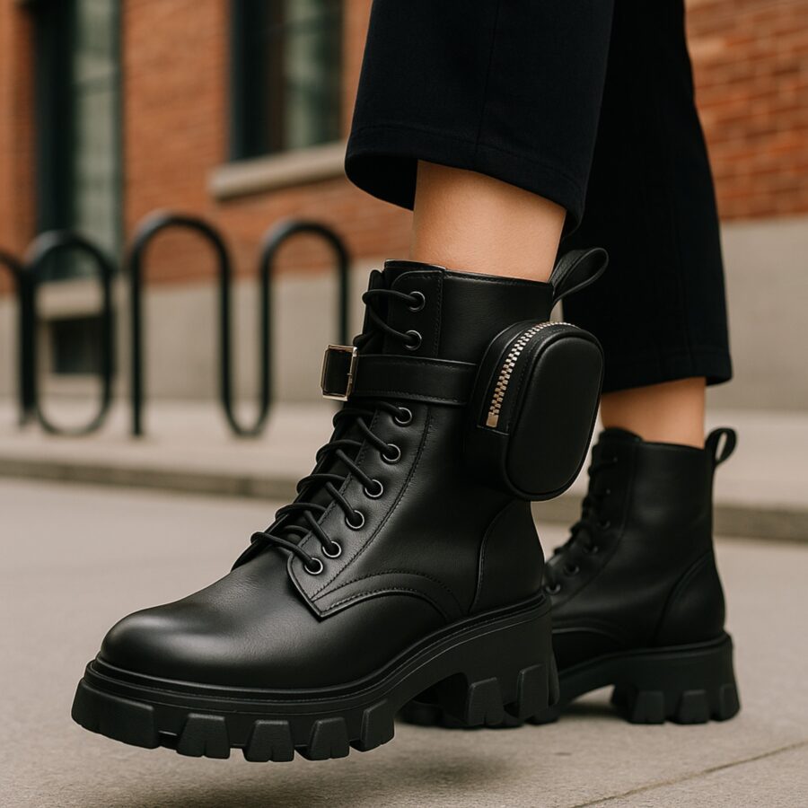 Chaussures Femme, bottines militaires, boots avec porte-monnaie latéral