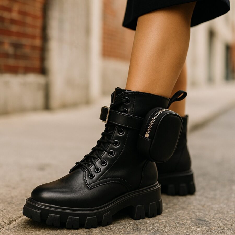 Chaussures Femme, bottines militaires, boots avec porte-monnaie latéral