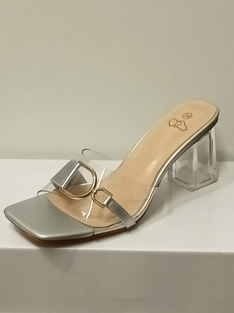 Chaussures Femme, mules Femme, lanière plexi, talon transparent