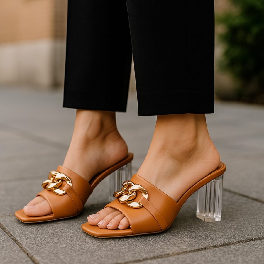 Chaussures Femme, Mules à lanières, chaîne dorée, talon transparent, marron clair
