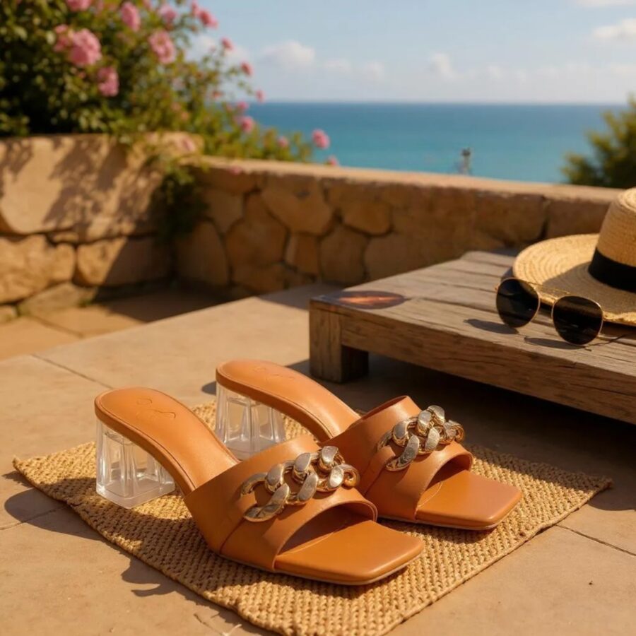 Chaussures Femme, Mules à lanières, chaîne dorée, talon transparent, marron clair