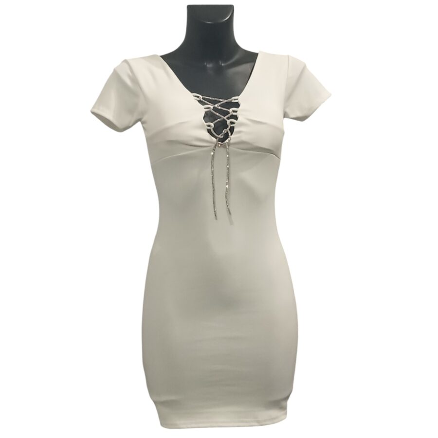 Robe de soirée, robe courte, moulante, lacets en strass, poitrine rembourrée, blanc