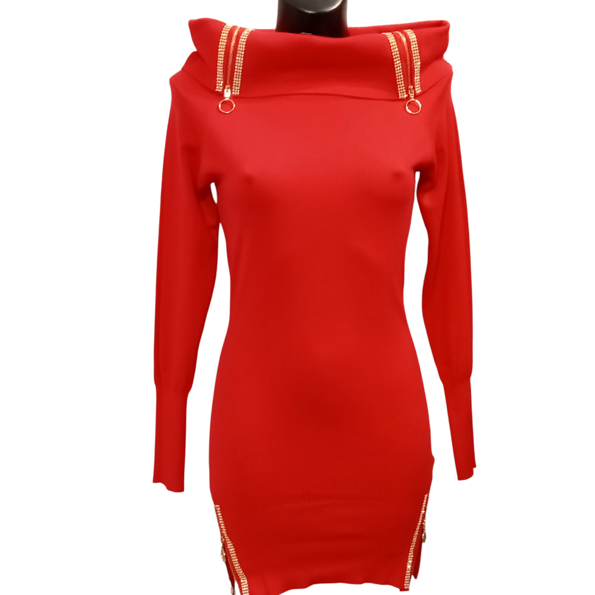 Robe de soirée, robe pull, coupe moulante, col et bas-côté zippés, rouge