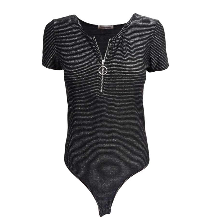 Body T-shirt Femme, Bodysuit, Jumpsuit, Top à manches courtes, col zippé, strass et paillettes, Gris-Noir