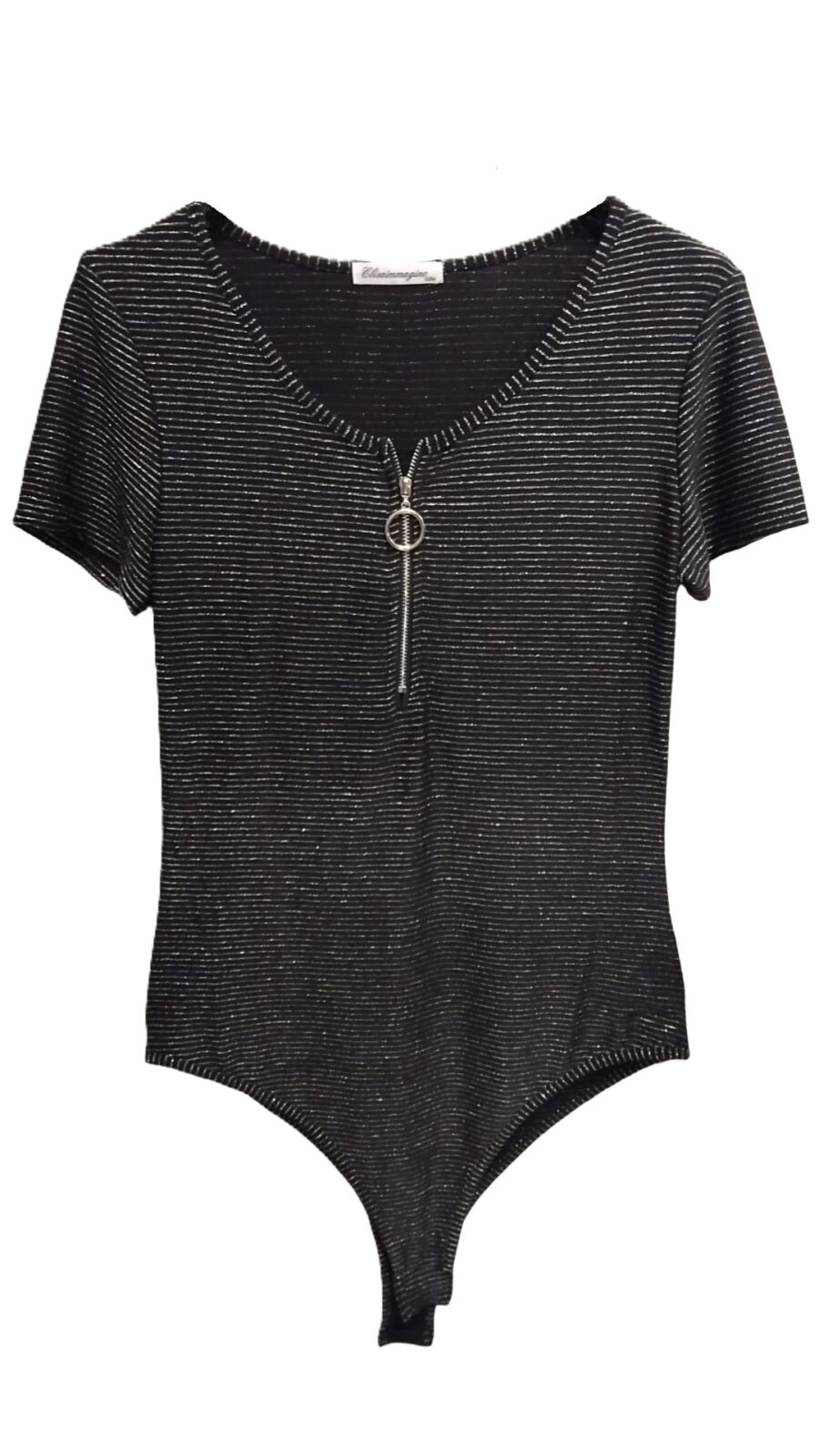 Body T-shirt Femme, Bodysuit, Jumpsuit, Top à manches courtes, col zippé, strass et paillettes, Gris-Noir