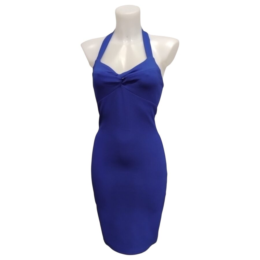 Robe de soirée, robe moulante, dos nu, sans manches, bleu