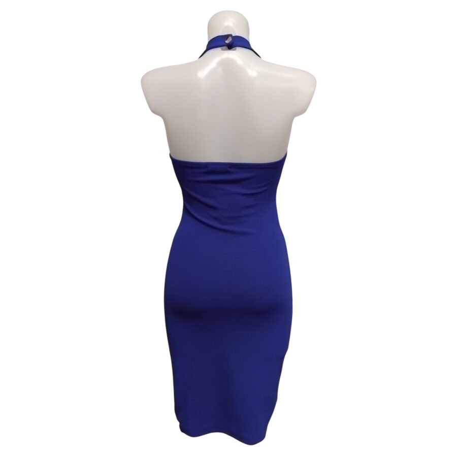 Robe de soirée, robe moulante, dos nu, sans manches, bleu