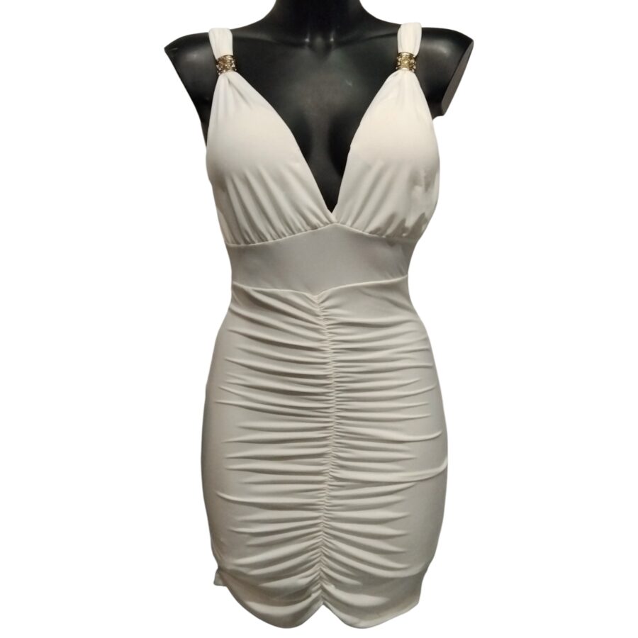 Robe de soirée, robe courte, sexy, décolleté plongeant, bijoux aux bretelles, blanc
