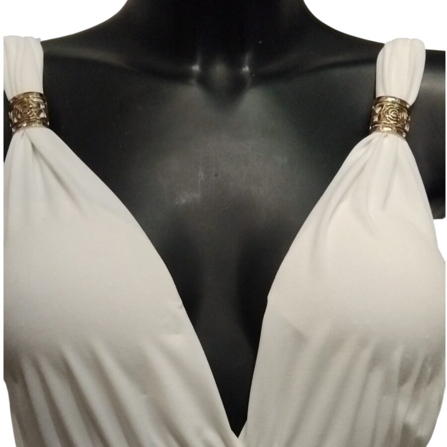 Robe de soirée, robe courte, sexy, décolleté plongeant, bijoux aux bretelles, blanc
