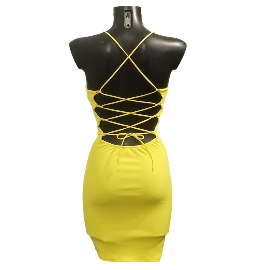 Robe de soirée, robe courte, dos nu avec lacets, poitrine rembourrée, jaune