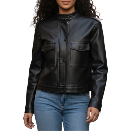 Veste femme, simili cuir, zip et boutons-pression, poches frontales