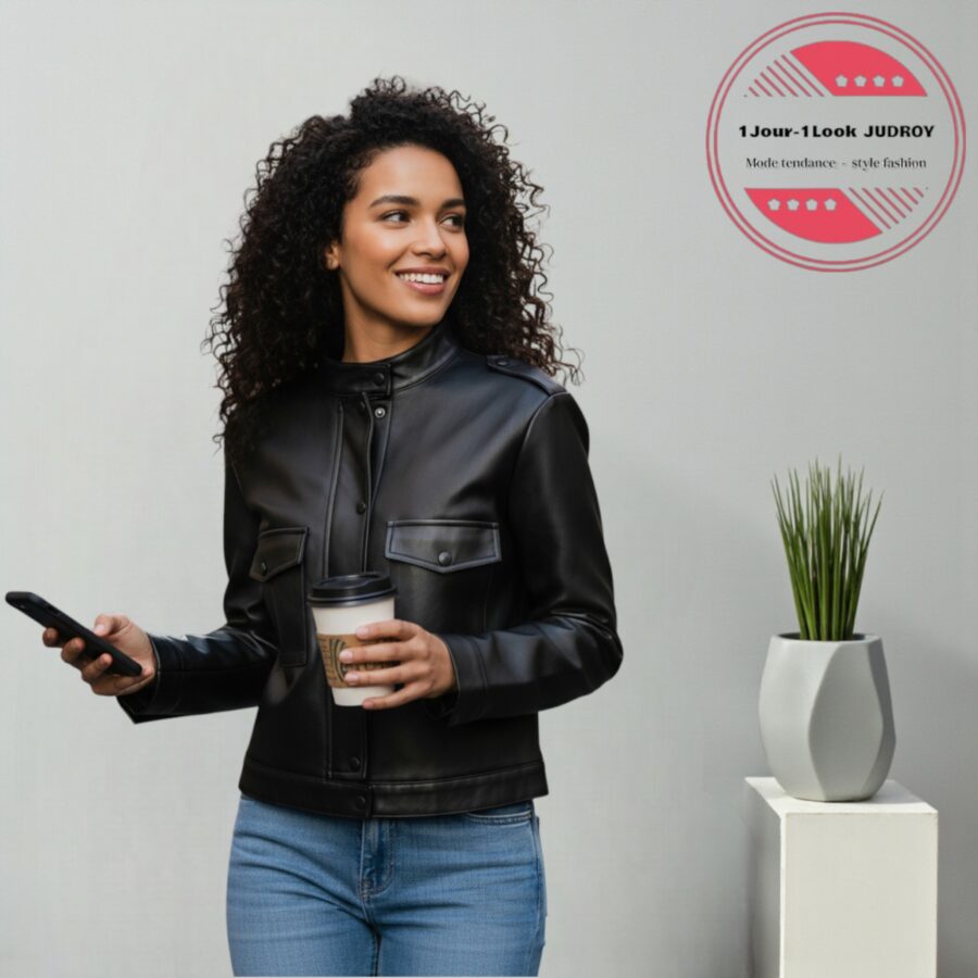 Veste femme, simili cuir, zip et boutons-pression, poches frontales