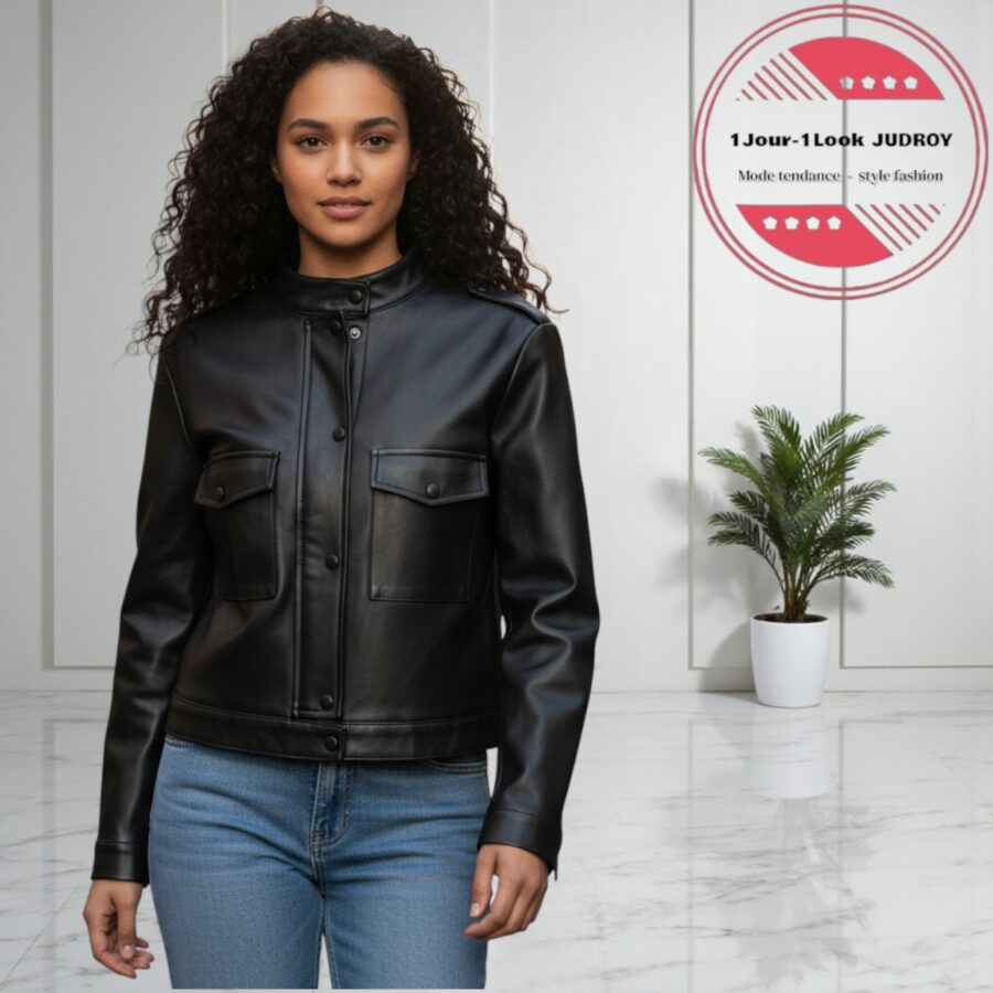 Veste femme, simili cuir, zip et boutons-pression, poches frontales
