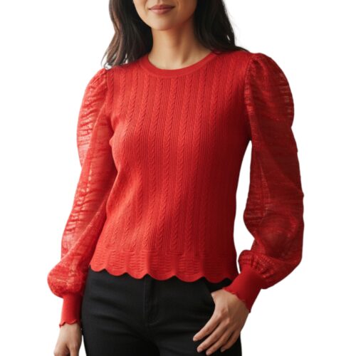 Haut femme, top et T-shirt, manches en dentelle, bi-matière, rouge