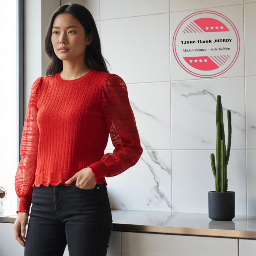 Haut femme, top et T-shirt, manches en dentelle, bi-matière, rouge