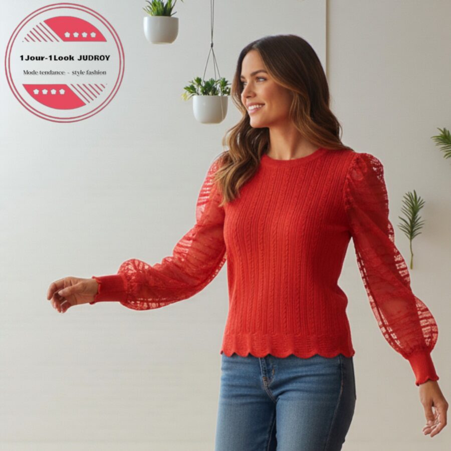 Haut femme, top et T-shirt, manches en dentelle, bi-matière, rouge