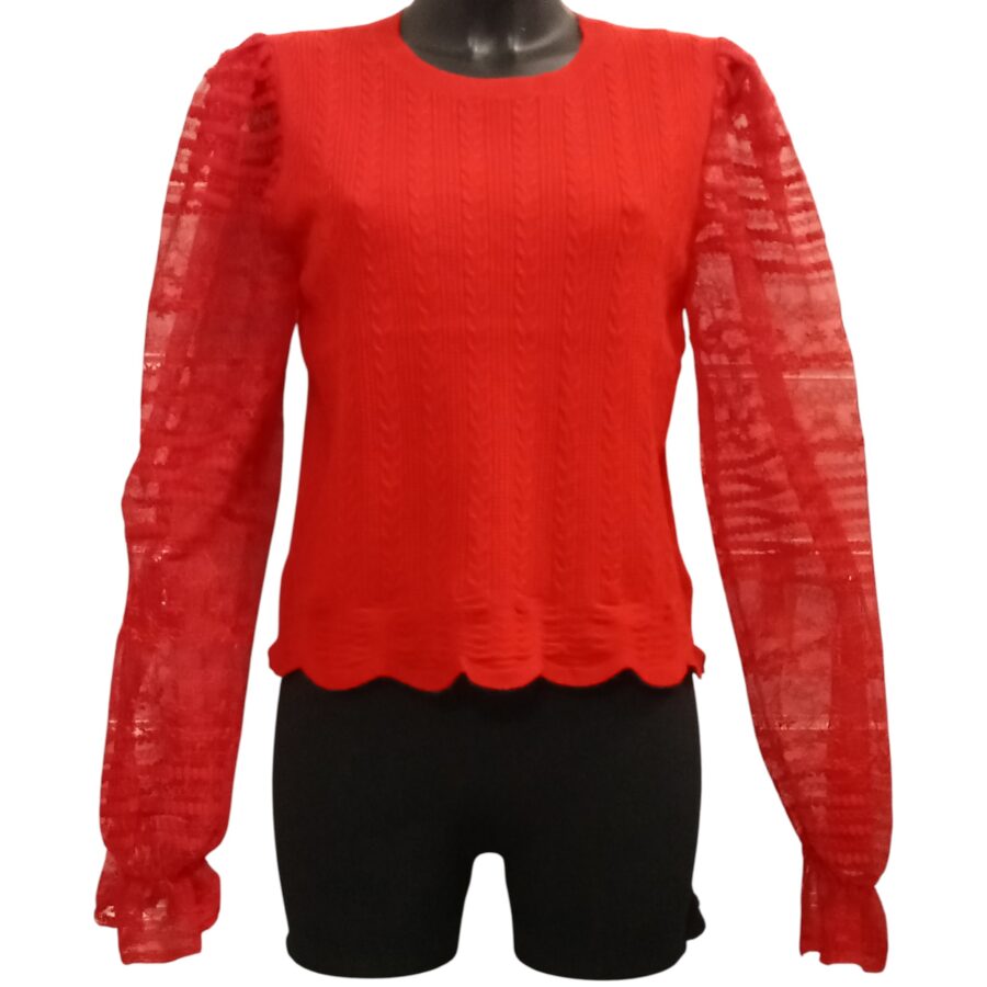 Haut femme, top et T-shirt, manches en dentelle, bi-matière, rouge