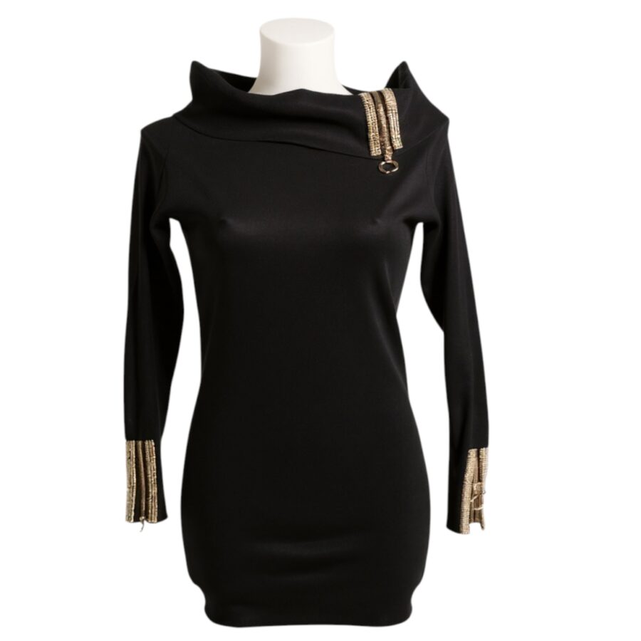 Robe de soirée, robe-pull, coupe moulante, poignées et col zippés, noir
