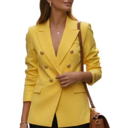 Veste Femme, veste tailleur, blazer femme, col à revers, fermeture croisée, jaune