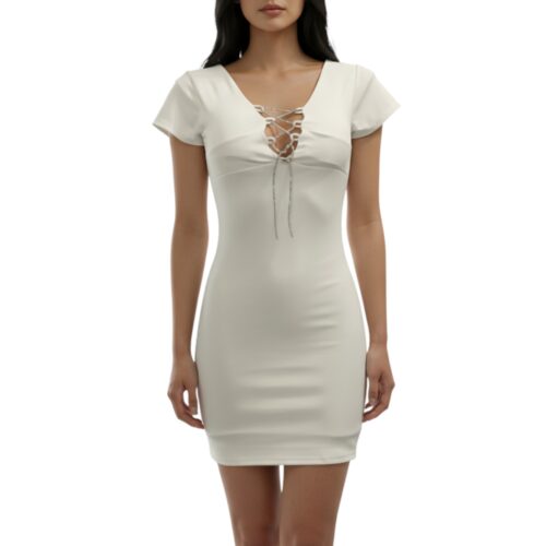 Robe de soirée, robe courte, moulante, lacets en strass, poitrine rembourrée, blanc