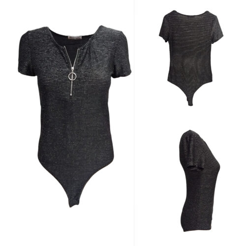 Body T-shirt Femme, Bodysuit, Jumpsuit, Top à manches courtes, col zippé, strass et paillettes, Gris-Noir