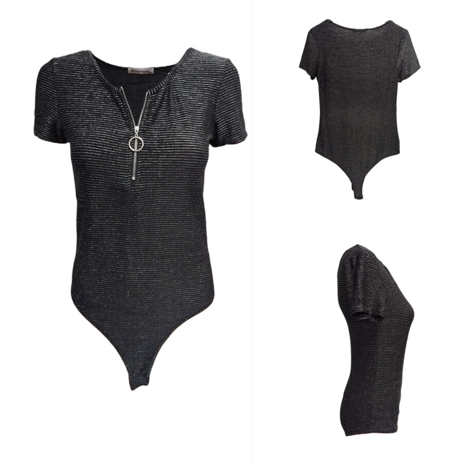 Body T-shirt Femme, Bodysuit, Jumpsuit, Top à manches courtes, col zippé, strass et paillettes, Gris-Noir