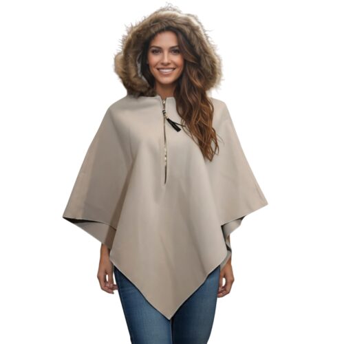 Poncho pour femme, capuche en fourrure, ample, gris clair