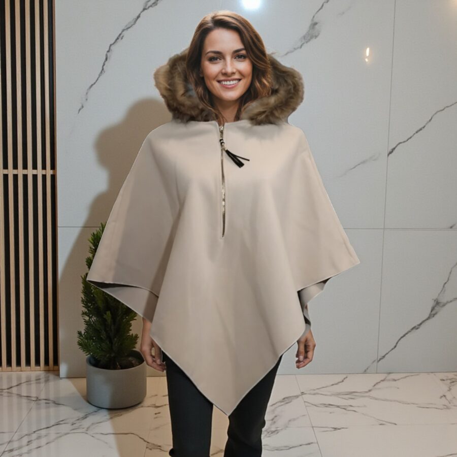 Poncho pour femme, capuche en fourrure, ample, gris clair