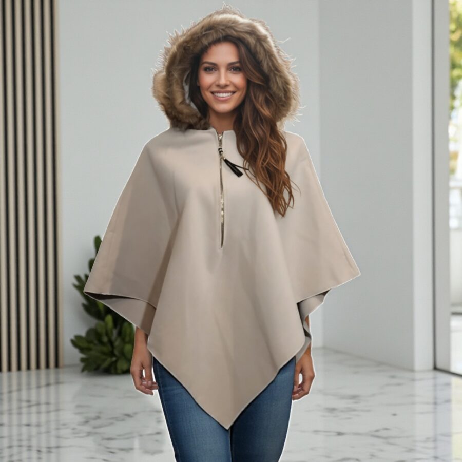Poncho pour femme, capuche en fourrure, ample, gris clair