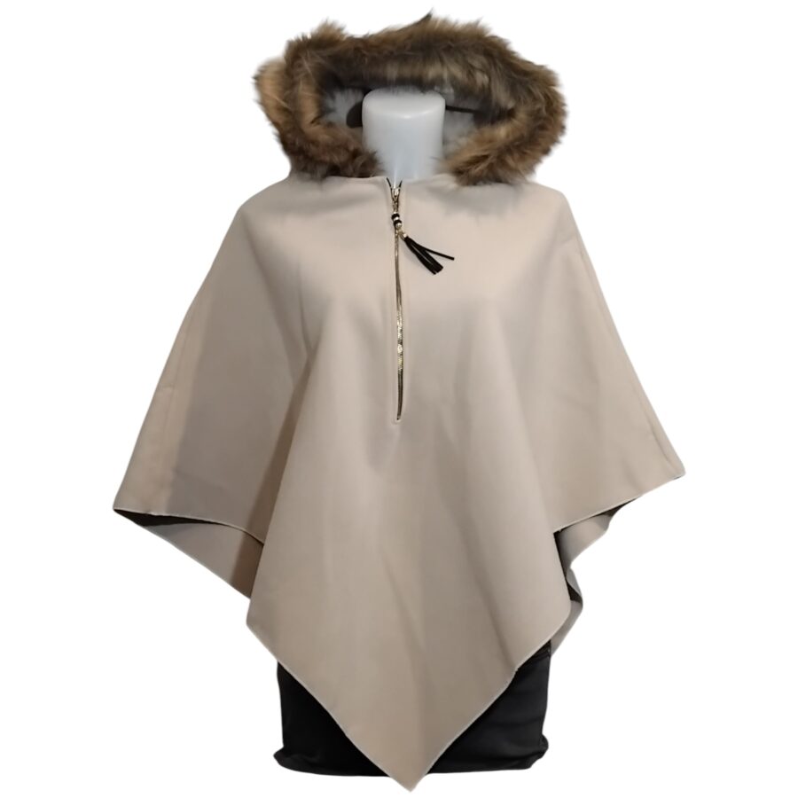 Poncho pour femme, capuche en fourrure, ample, gris clair