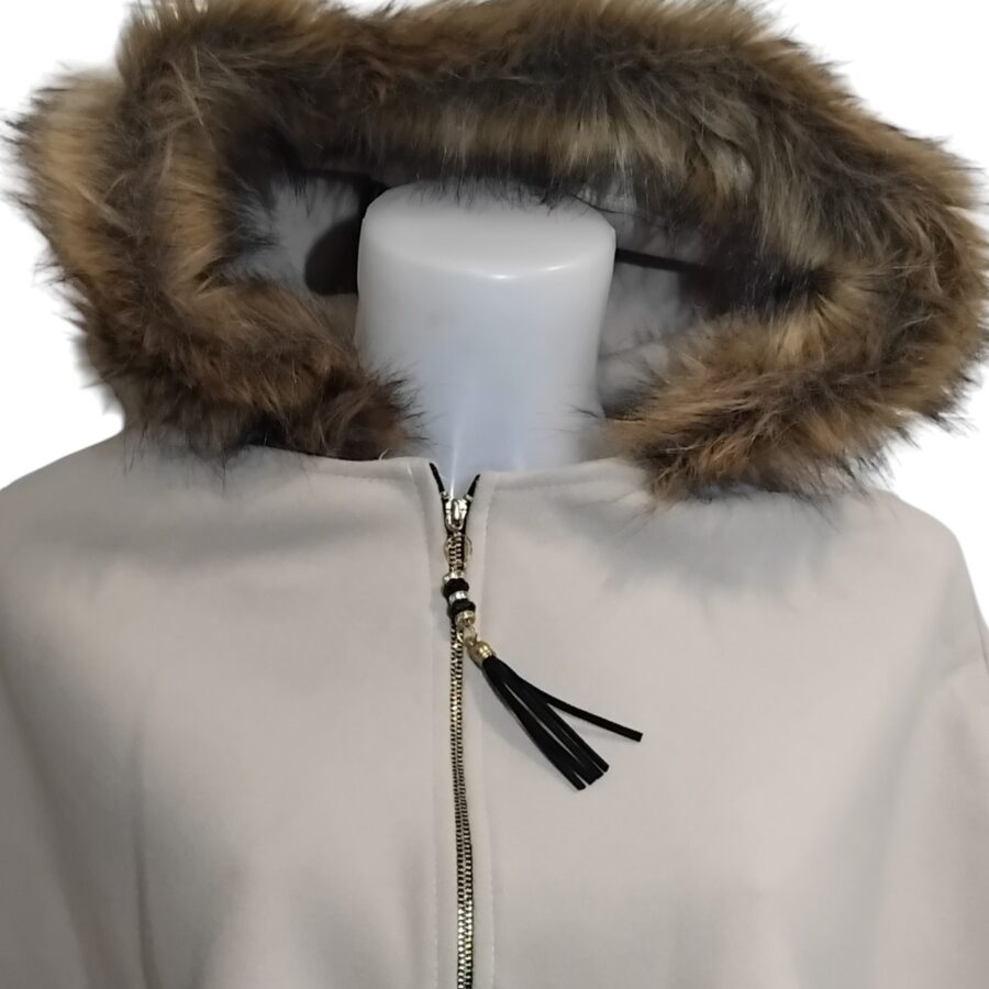 Poncho pour femme, capuche en fourrure, ample, gris clair