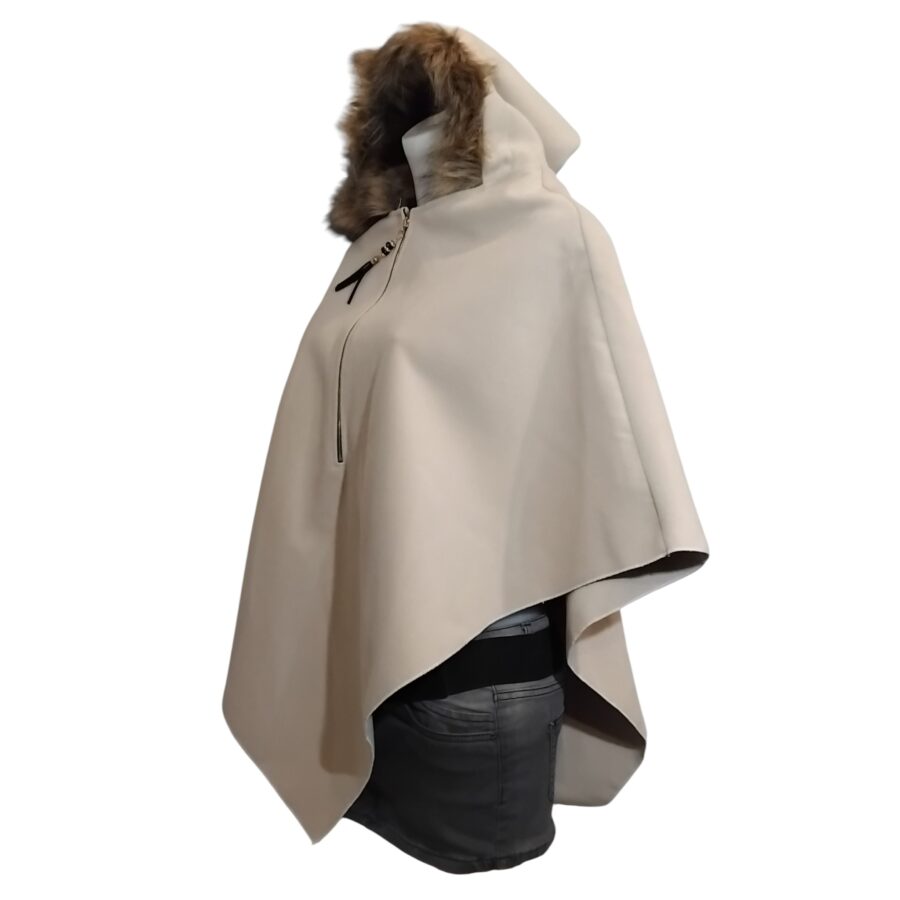 Poncho pour femme, capuche en fourrure, ample, gris clair