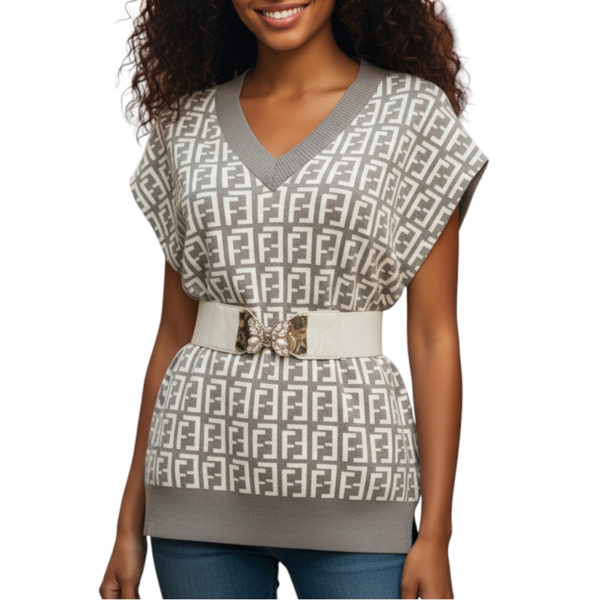 Pull Femme, sans manches, col en V, forme ample