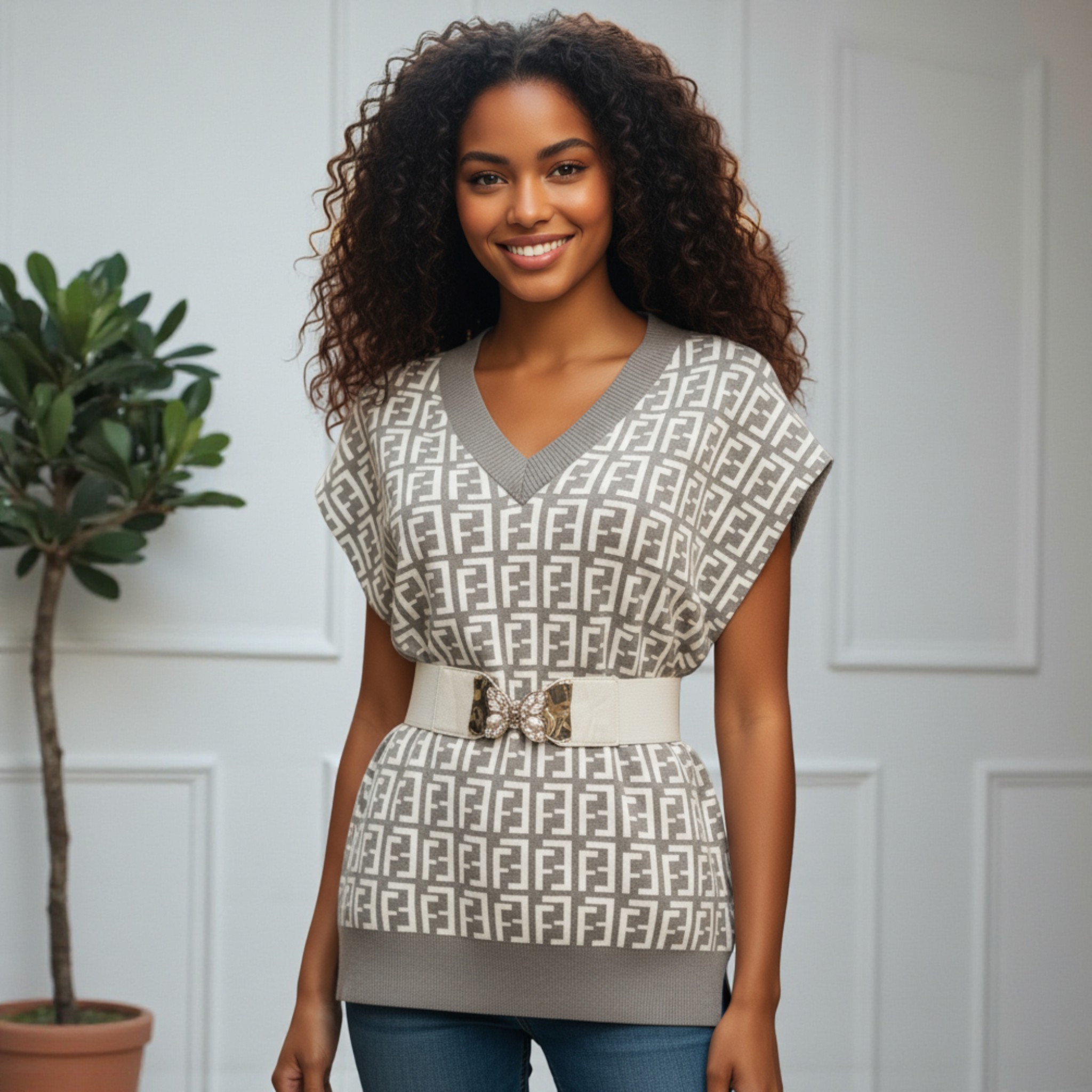 Pull Femme, sans manches, col en V, forme ample